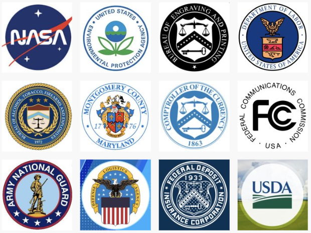 Seals of federal agencies and organizations ASA has served, including NASA, EPA, Bureau of Engraving and Printing, Department of Labor, ATF, Montgomery County Maryland, Comptroller of the Currency, FCC, Army National Guard, Defense Logistics Agency, FDIC and USDA