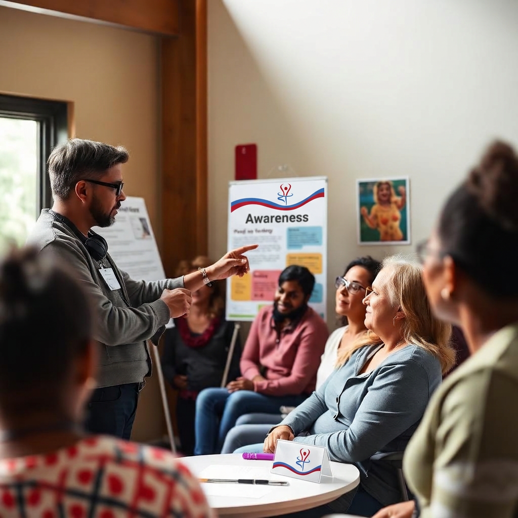 A health educator presenting to an engaged audience at a wellness event