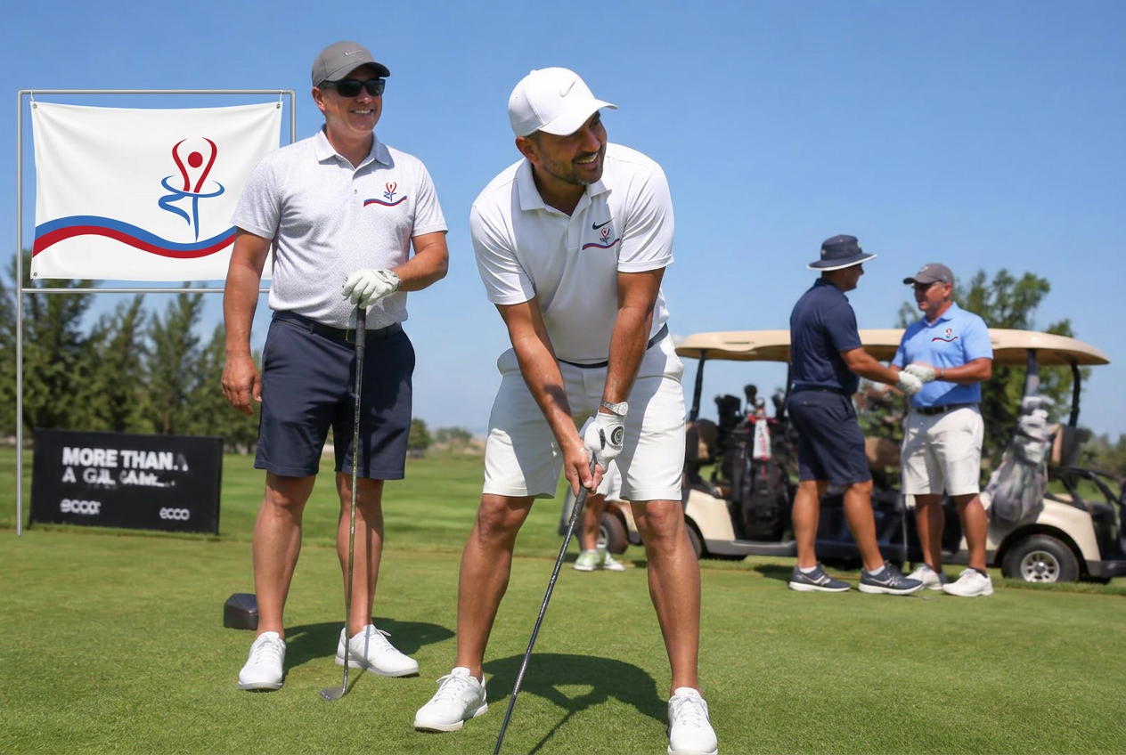 Golfers laughing together on the tee box during a sunny tournament