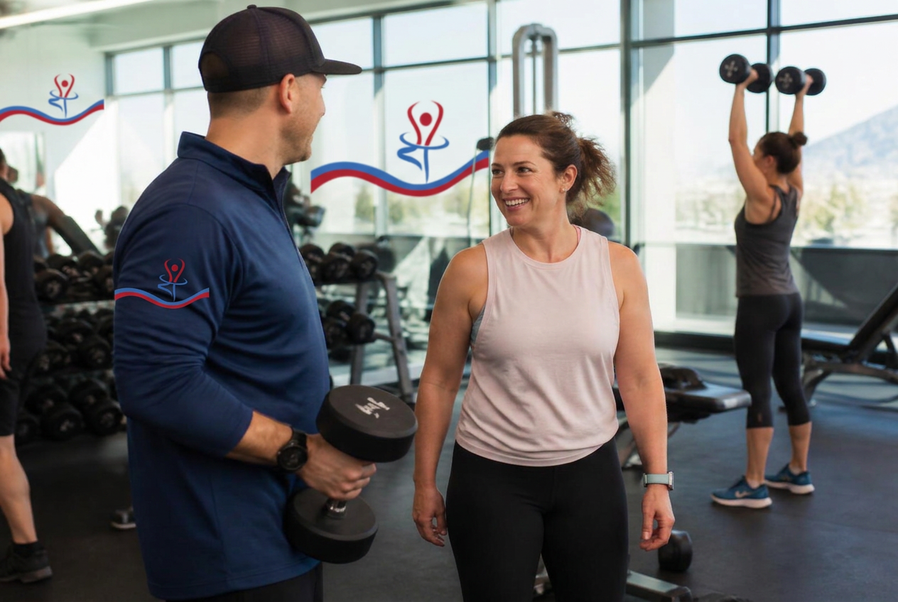 A trainer talking with a fitness center member on the gym floor