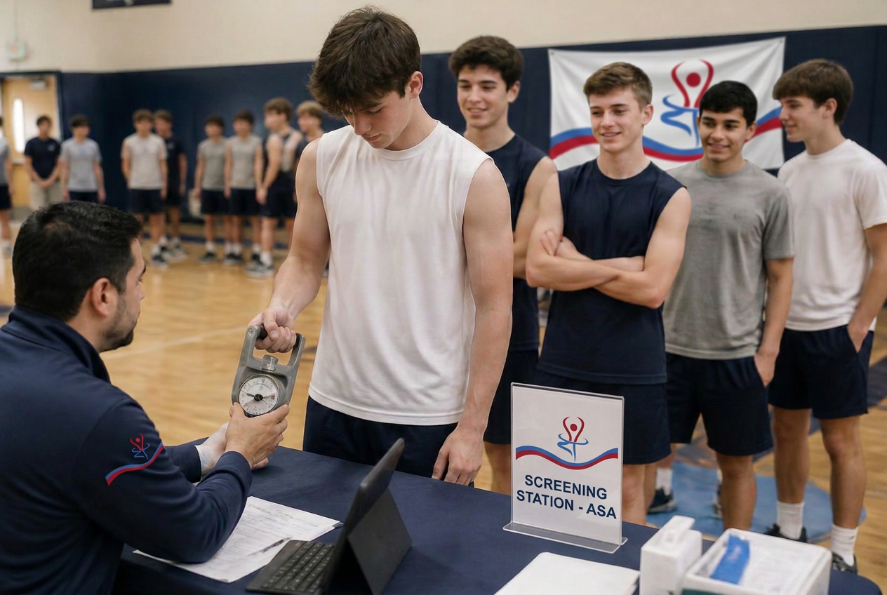 Student athletes lining up at a school gym screening station