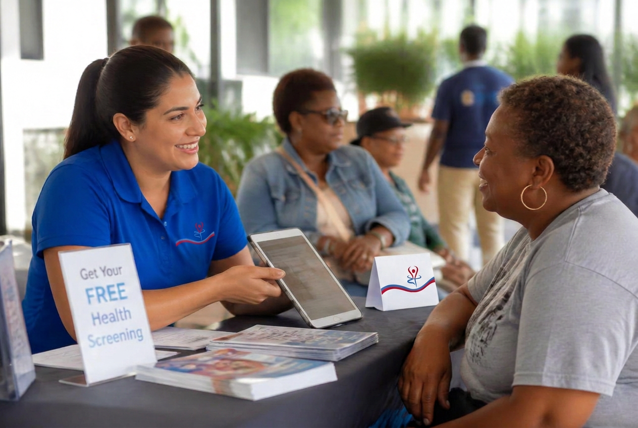 A health services professional helping a participant at a screening station
