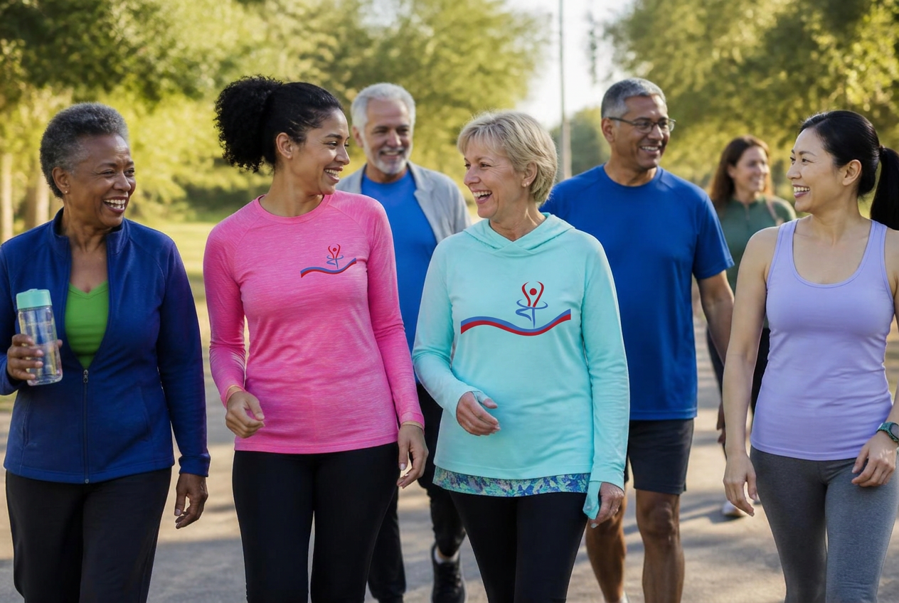 A multigenerational group walking outdoors together